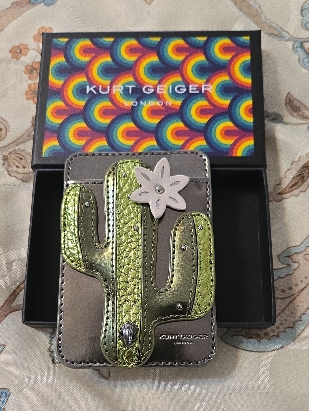 Kurt Geiger Metallic Silver Card Holder with Lime Green Cactus